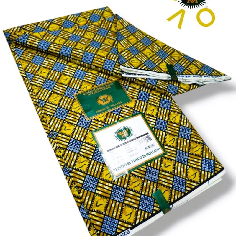 Tissu Wax 100 % Coton – Motifs Graphiques bleu-jaune